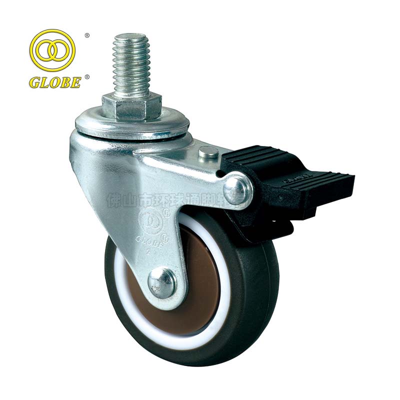 3 Inch Light Duty Quiet Artificial Rubber Threaded Stem Casters with Dual Brake
