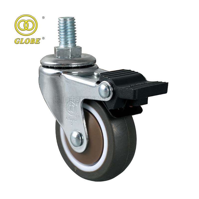 3 Inch Light Duty Quiet Artificial Rubber Threaded Stem Casters with Dual Brake