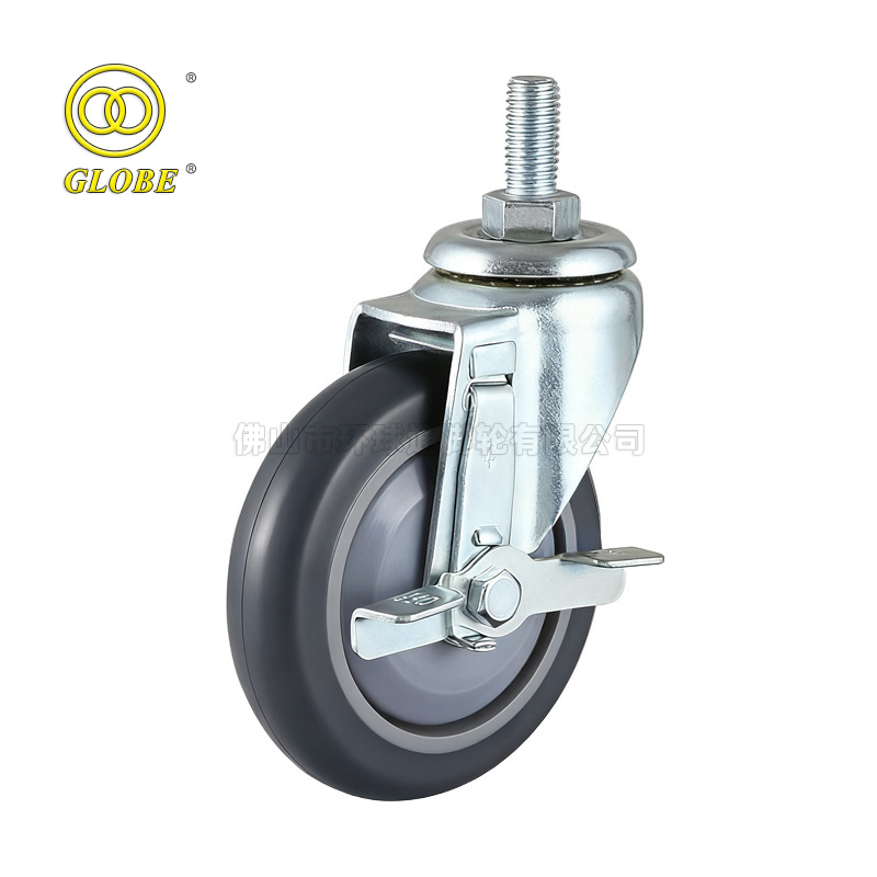4 Inch Light Duty High-Strength Artificial Rubber Threaded Stem Casters with Side Brake