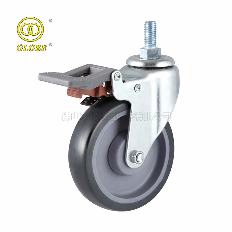 5 Inch Medium Duty High-Strength Artificial Rubber Threaded Stem Casters with Dual Brake