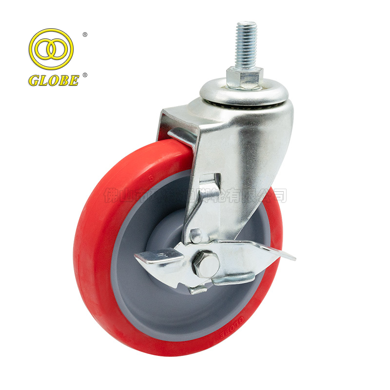 5 Inch Medium Duty Super Polyurethane Threaded Stem Casters with Side Brake