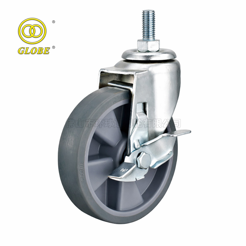 5 Inch Medium Duty Premium Artificial Rubber Threaded Stem Casters with Side Brake