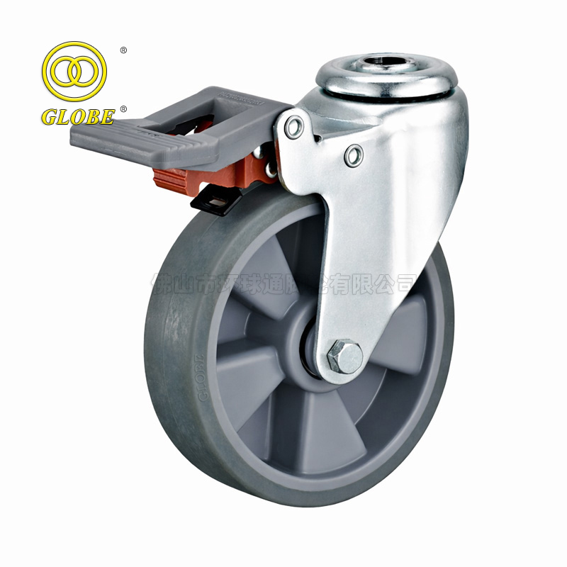 5 Inch Medium Duty Premium Artificial Rubber Bolt Hole Casters with Dual Brake