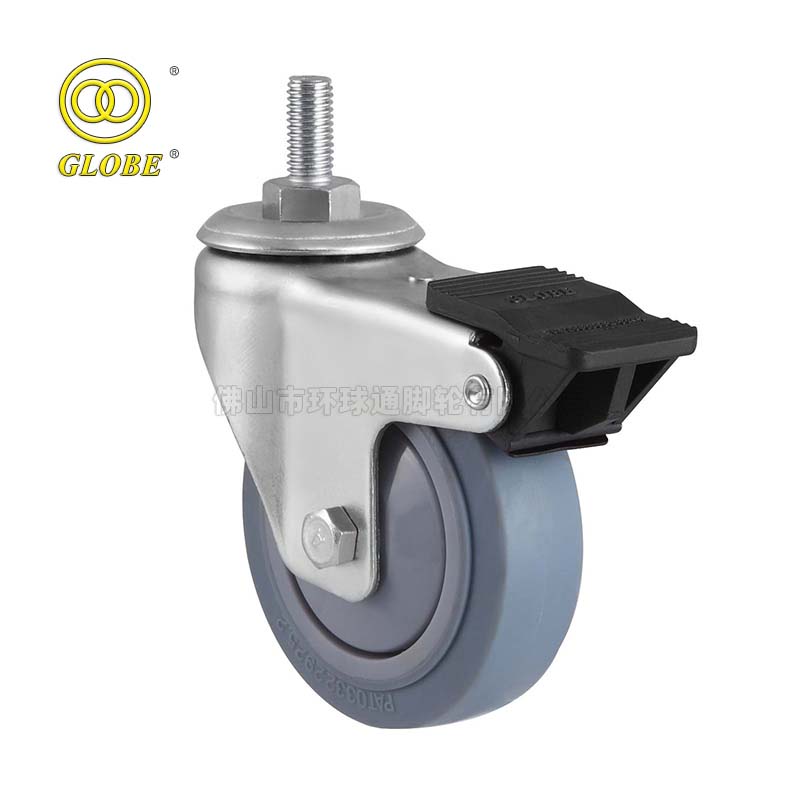 6 Inch Medium Duty High-Strength Artificial Rubber Threaded Stem Casters with Dual Brake