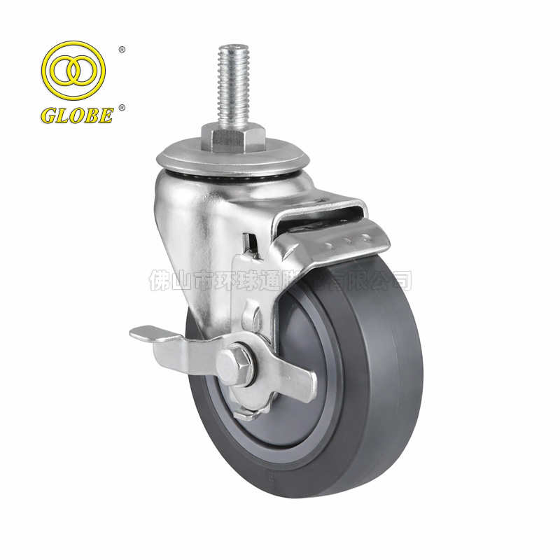 6 Inch Medium Duty Super Quiet Polyurethane Threaded Stem Casters with Side Brake