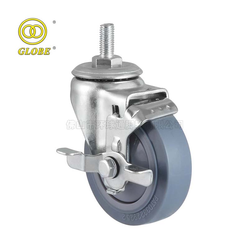 6 Inch Medium Duty High-Strength Artificial Rubber Threaded Stem Casters with Side Brake