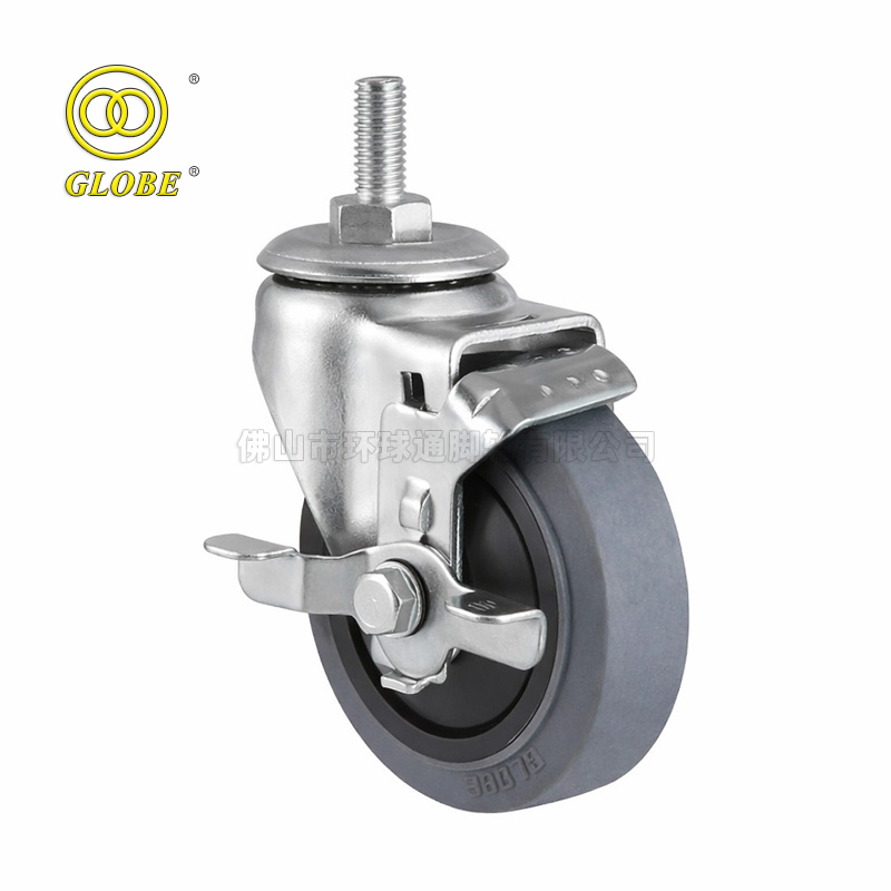 5 Inch Medium Duty Conductive Artificial Rubber Threaded Stem Casters with Side Brake