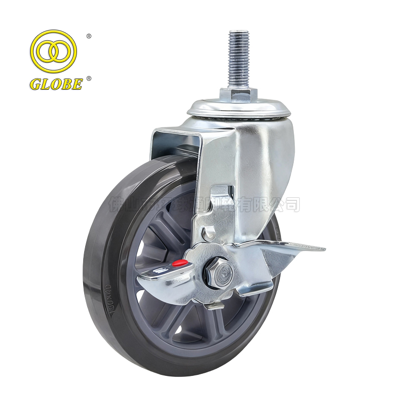 6 Inch Heavy Duty Premium Polyurethane Threaded Stem Casters with Side Brake