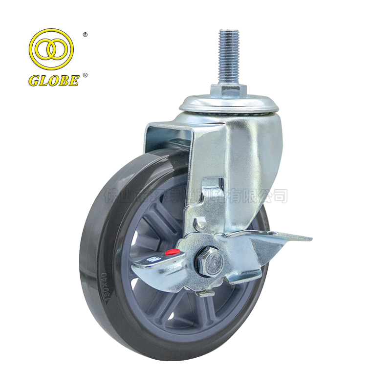 6 Inch Heavy Duty Super Quiet Polyurethane Threaded Stem Casters with Side Brake
