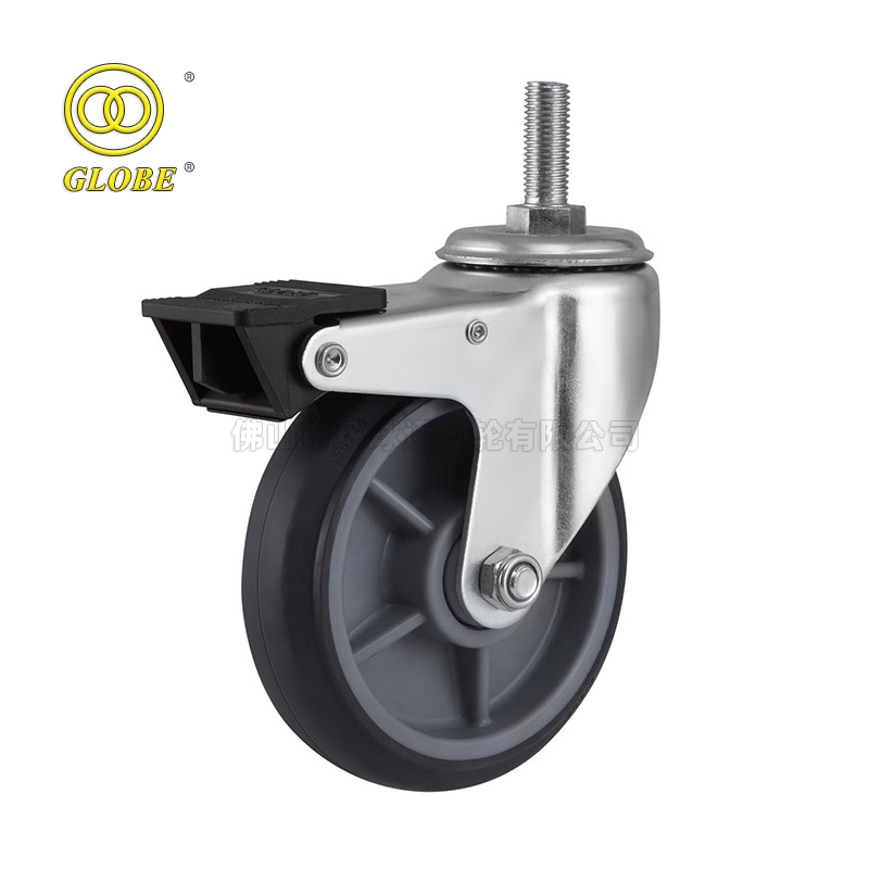6 Inch Medium Duty High-Strength Artificial Rubber Threaded Stem Casters with Dual Brake