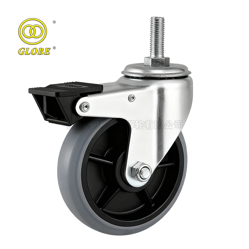 5 Inch Medium Duty Conductive Artificial Rubber Threaded Stem Casters with Dual Brake