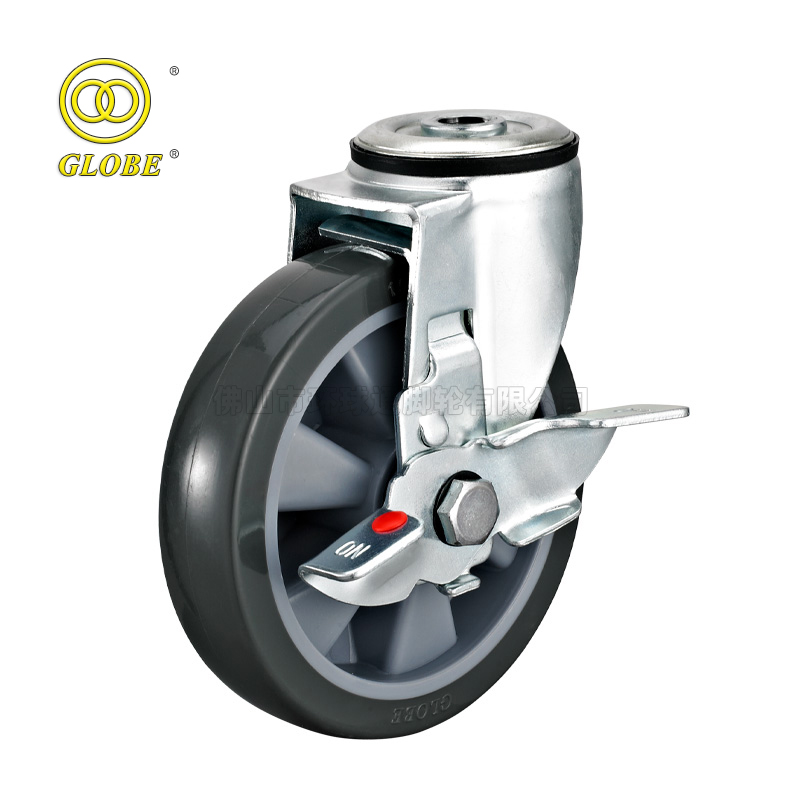 6 Inch Heavy Duty Super Smooth Artificial Rubber Bolt Hole Casters with Side Brake