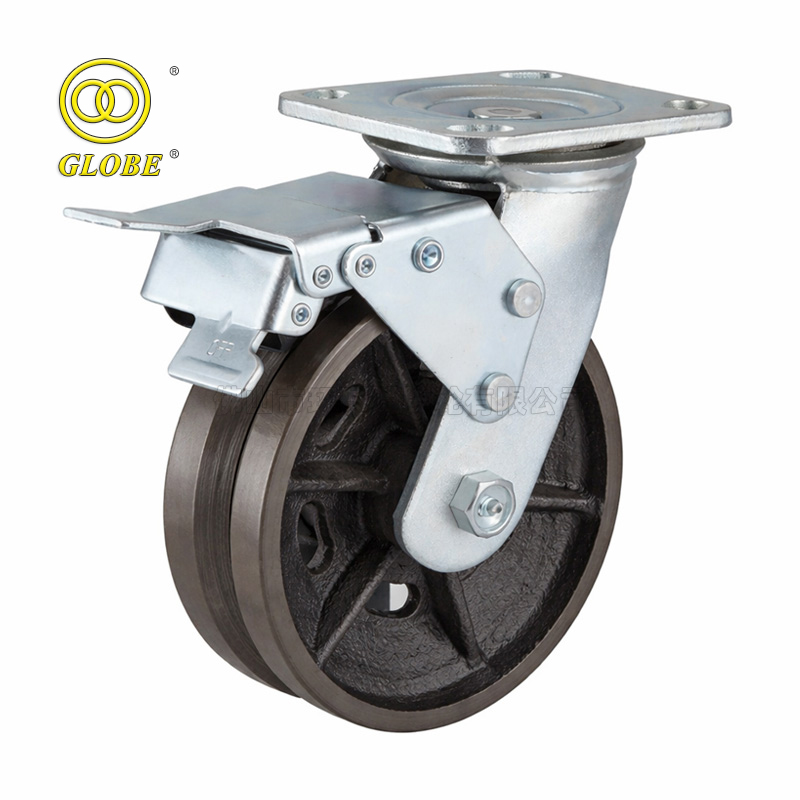 8 Inch Light Duty V-Groove Cast Iron Swivel w/ Metal Dual Brake Casters