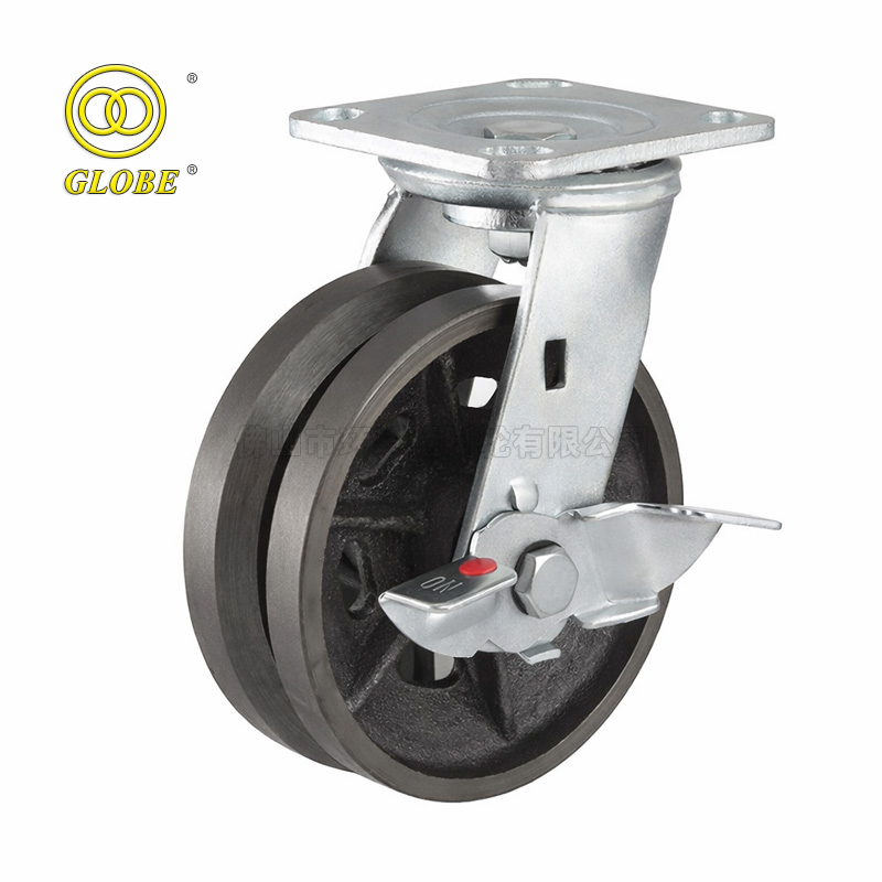 8 Inch Light Duty V-Groove Cast Iron Swivel w/ Side Brake Casters
