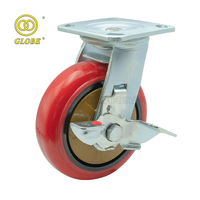 4 Inch Light Duty Iron Core PU Swivel w/ Side Brake Casters
