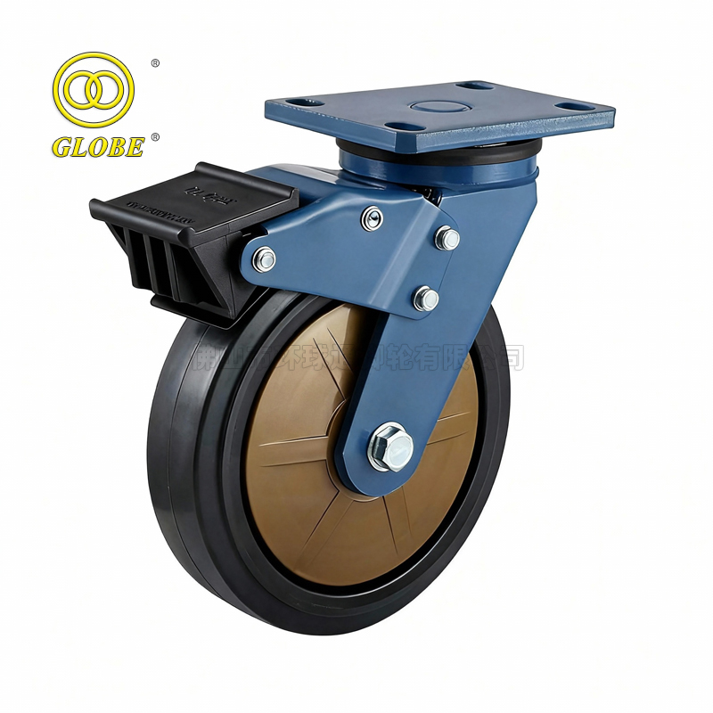 8 Inch Heavy Duty Nylon Core Premium Rubber Swivel Casters with Dual Brake