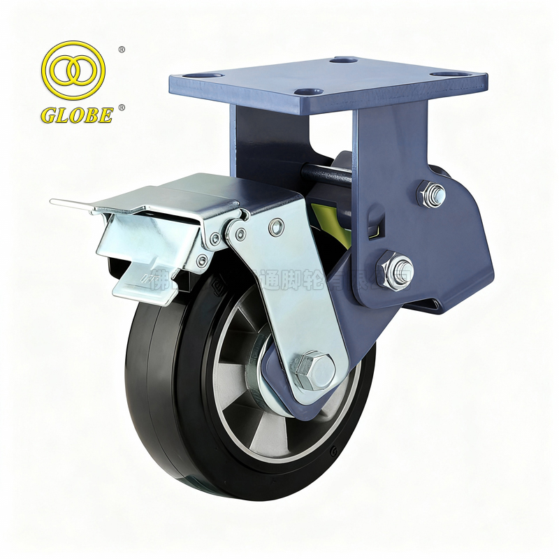 8 Inch Heavy Duty Aluminum Core Rubber Shock-Absorbing Rigid Casters with Brake